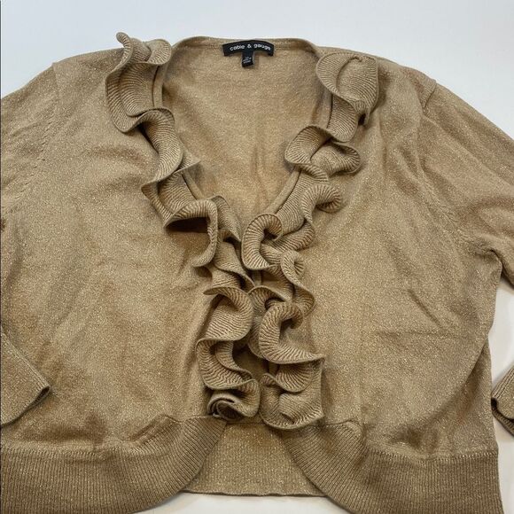 Cable & Gage Metallic Gold Ruffle Front Cardigan Sweater Women’s Sz XL - Picture 1 of 6